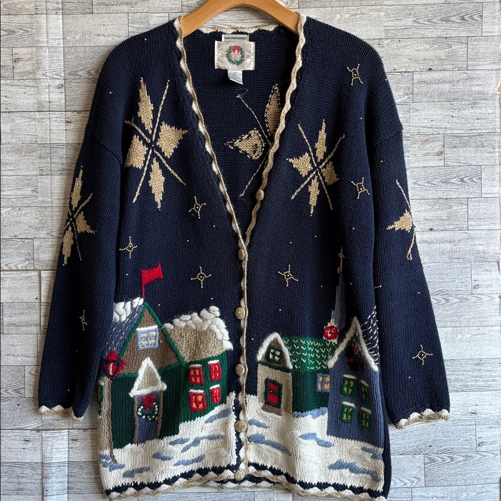 Vintage‎ Cardigan Sweater Holiday Village Christopher Banks beaded winter medium